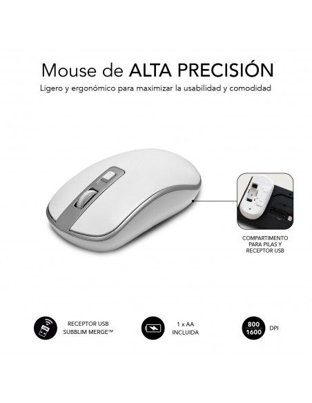 SUBBLIM Teclado Ergonómico y ratón inalámbricos Plano Silencioso Plateado Blanco Ergo