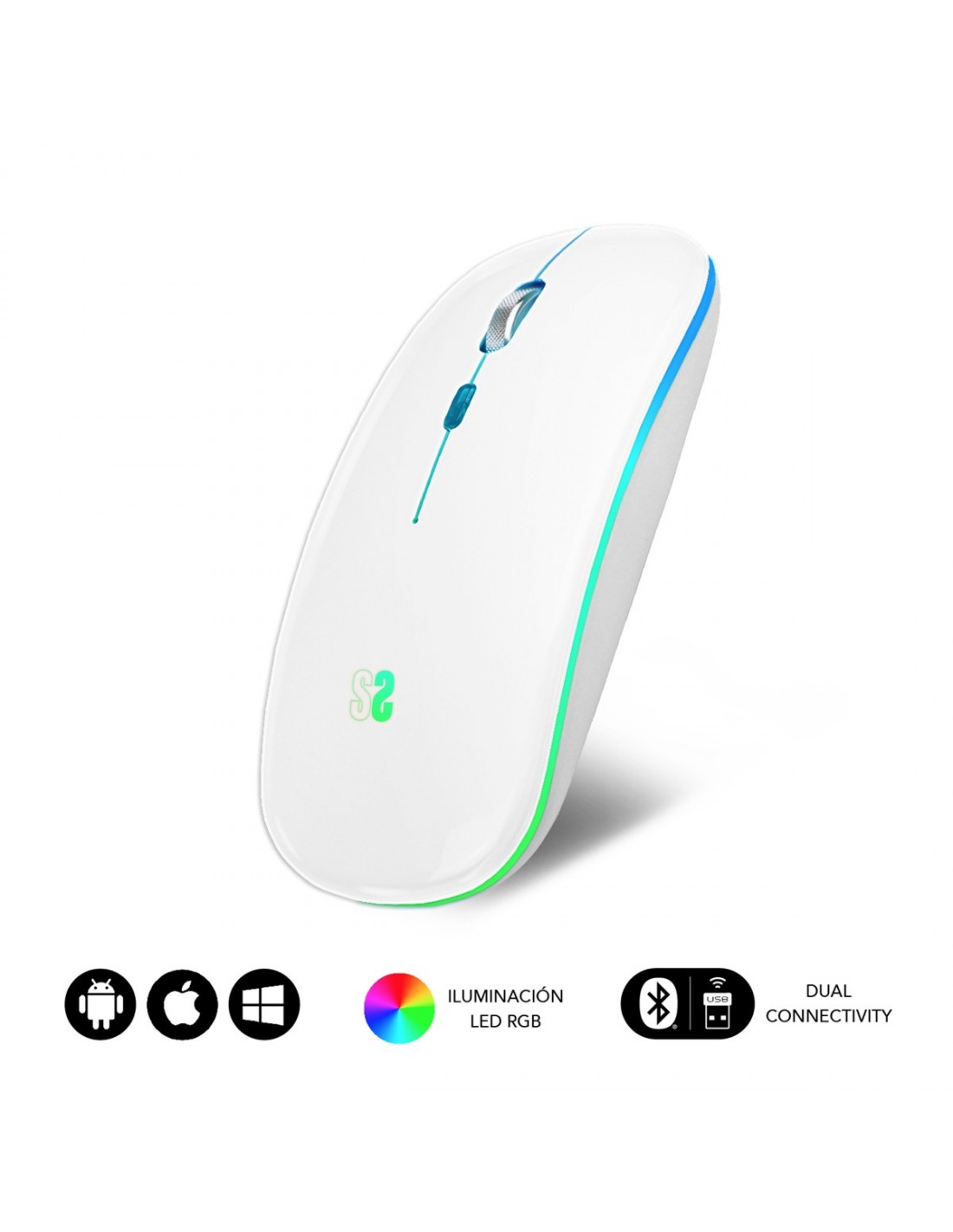 SUBBLIM Ratón Inalámbrico Bluetooth + RF RGB LED Dual Flat Mouse White