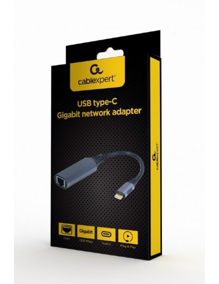 Gembird A-USB3C-LAN-01 hub de interfaz USB 3.2 Gen 1 (3.1 Gen 1) Type-C 1000 Mbit s Negro, Gris