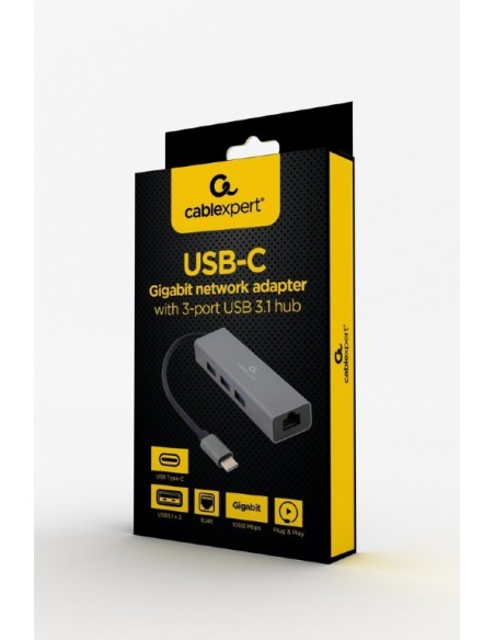 GEMBIRD ADAPTADOR DE RED USB-C GIGABIT CON CONCENTRADOR USB