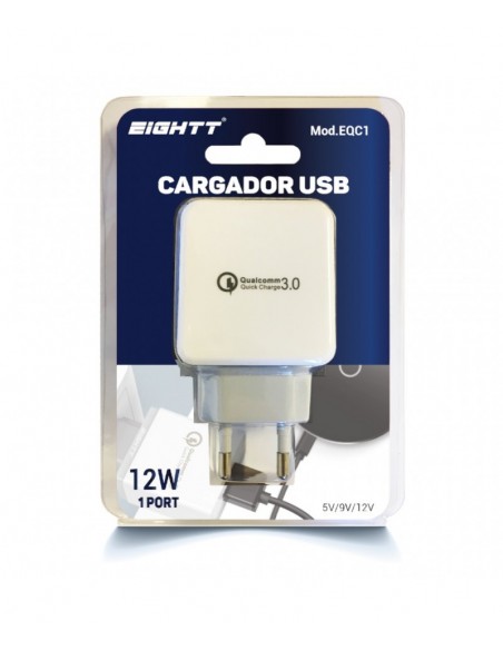 CARGADOR EIGHTT USB QUALCOOM 3.0 12W 12V 1.5A, 9V 1.8A, 5V 2.4A