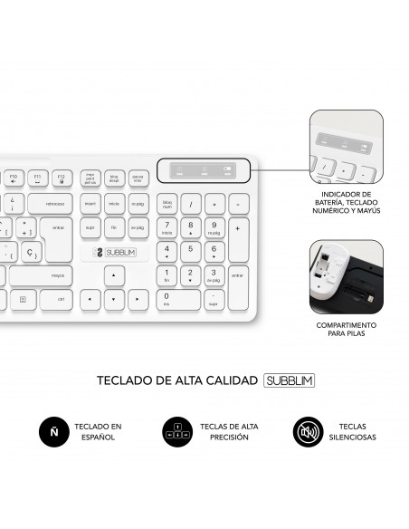 SUBBLIM Teclado Ergonómico y ratón Combo Business Slim Silencioso Inalámbrico 2.4G Blanco