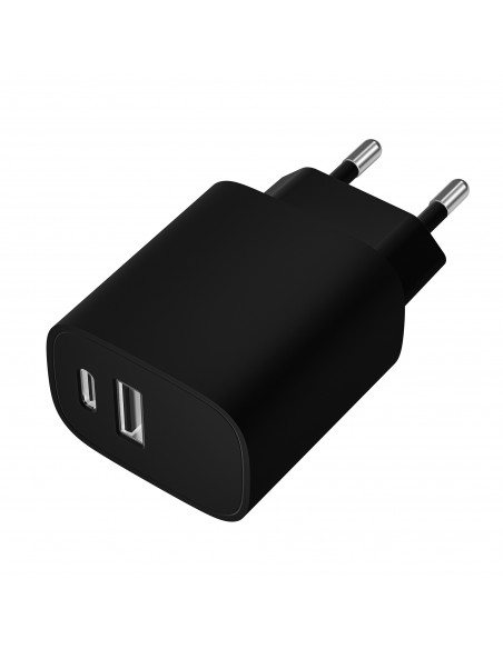 LEOTEC CARGADOR 20W CARGA RAPIDA 1 USB TIPO-C PD 1 USB-A NEGRO