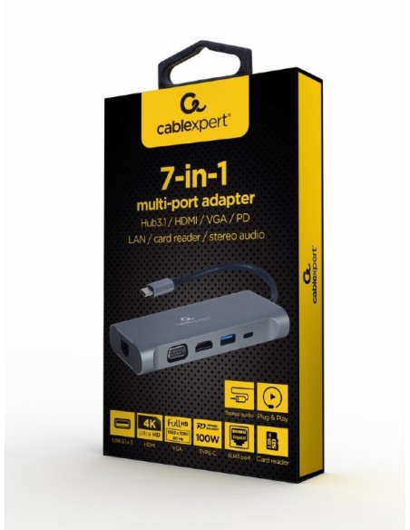 ADAPTADOR MULTIP GEMBIRD USBC 7EN1 HUB3.0,HDMI,VGA,PD,LECTOR TARJETAS,AUDIOGRIS