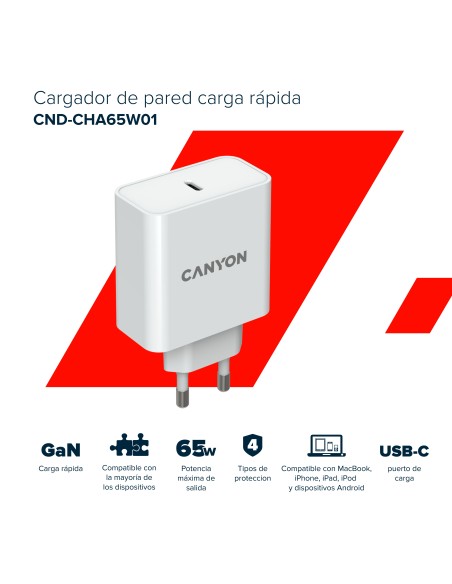 CARGADOR USB-C CANYON H-65 WHITE
