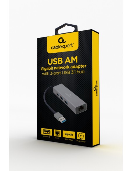 ADAPTADOR DE RED GEMBIRD USB AM GIGABIT CON HUB DE 3 PUERTOS USB 3.0