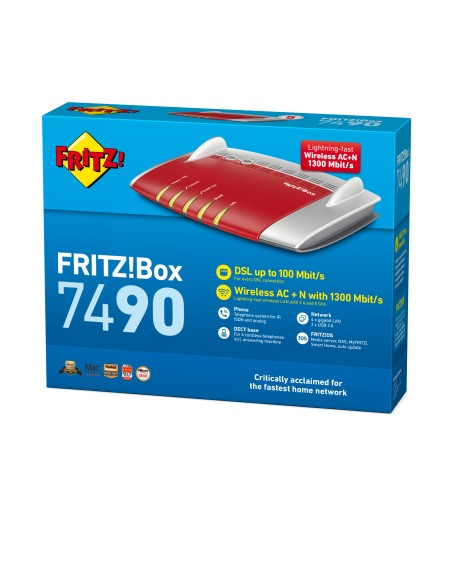 AVM FRITZ!Box 7490 International router inalámbrico Gigabit Ethernet Doble banda (2,4 GHz   5 GHz) Rojo, Plata