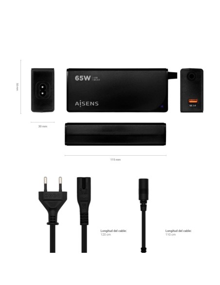 AISENS Cargador de Portatil de 65W Automático Negro