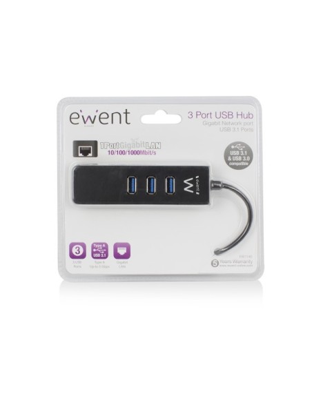 Ewent EW1140 hub de interfaz USB 3.2 Gen 1 (3.1 Gen 1) Type-A 5000 Mbit s Negro