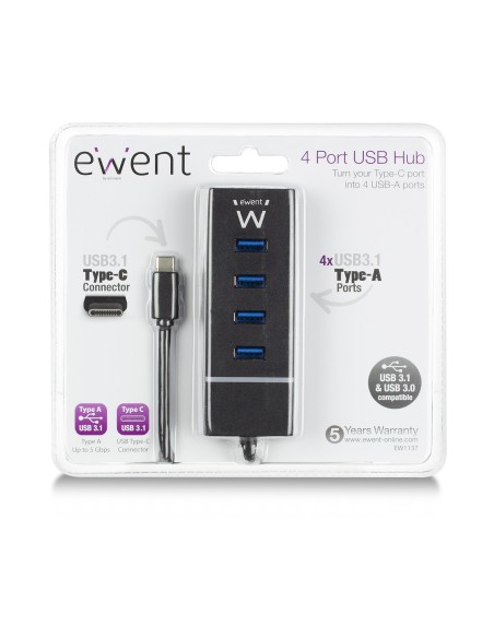Ewent EW1137 hub de interfaz USB 3.2 Gen 1 (3.1 Gen 1) Type-C 5000 Mbit s Negro
