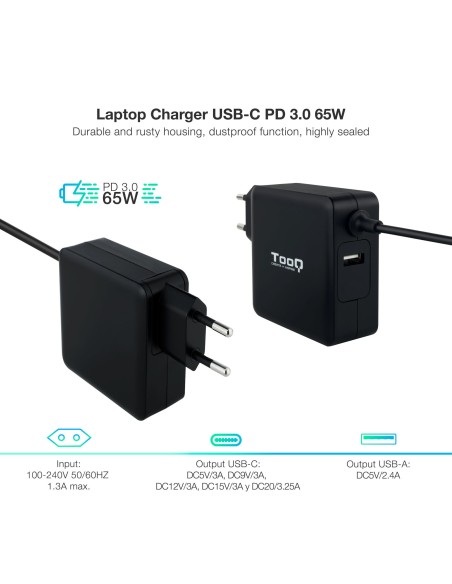 TooQ TQLC-USBC65PD adaptador e inversor de corriente Interior 65 W Negro