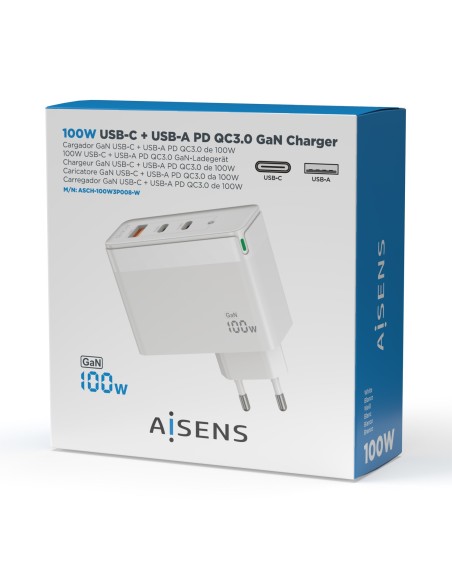 CARGADOR GAN AISENS 100W 2XUSB-C PD3.0 QC4.0 QC5.0 1XUSB-A QC3.0 BLANCO
