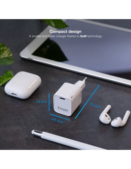 TooQ Cargador de Pared GAN USB-C PD 30W, Blanco