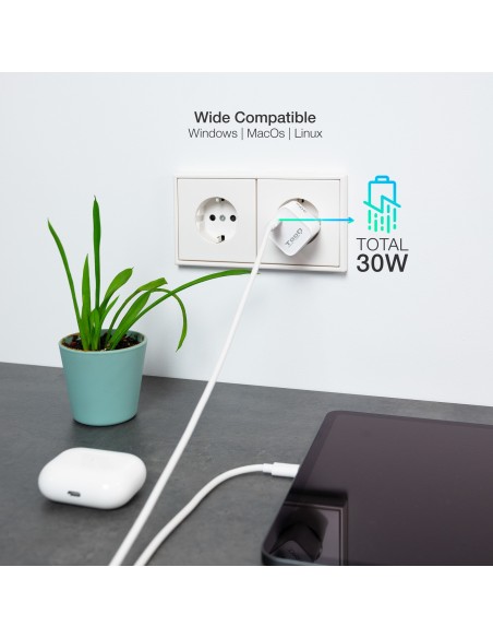 TooQ Cargador de Pared GAN USB-C PD 30W, Blanco
