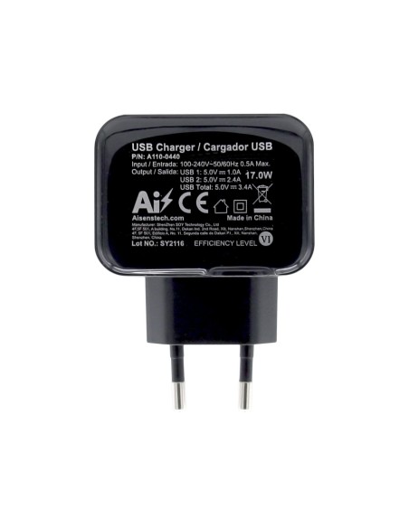 AISENS CARGADOR USB 17W 5V 3.4A 2xUSB CON CONTROL AI NEGRO