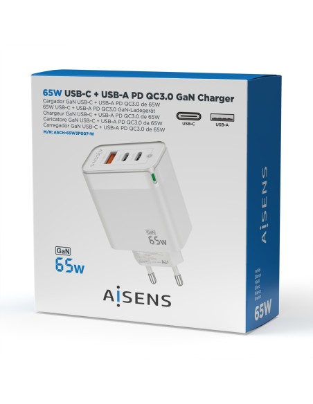 CARGADOR GAN AISENS 65W 2XUSB-C PD3.0 QC4.0 1XUSB-A QC3.0 BLANCO