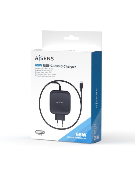 CARGADOR AISENS 65W PD3.0 QC3.0 1XUSB-C 1.2M NEGRO