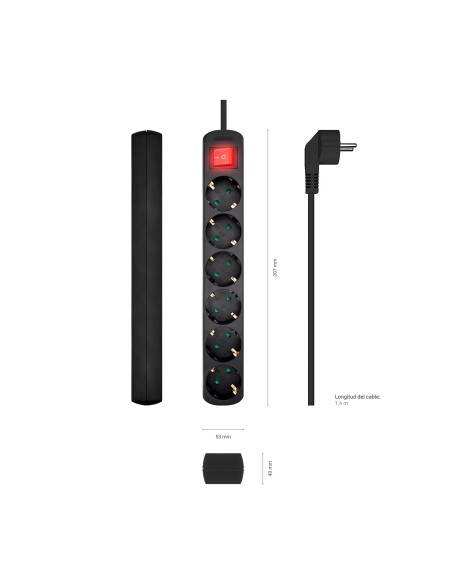 BASE MULTIPLE AISENS 6 TOMAS CON INTERRUPTOR CON CABLE 3x1.5MM2 NEGRO 1.4M