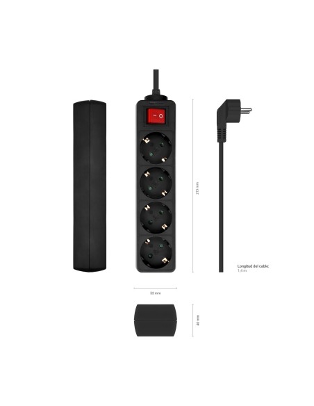 BASE MULTIPLE AISENS 4 TOMAS CON INTERRUPTOR CON CABLE 3x1.5MM2 NEGRO 1.4M