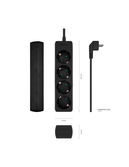 BASE MULTIPLE AISENS 4 TOMAS SIN INTERRUPTOR CON CABLE 3x1.5MM2 NEGRO 1.4M
