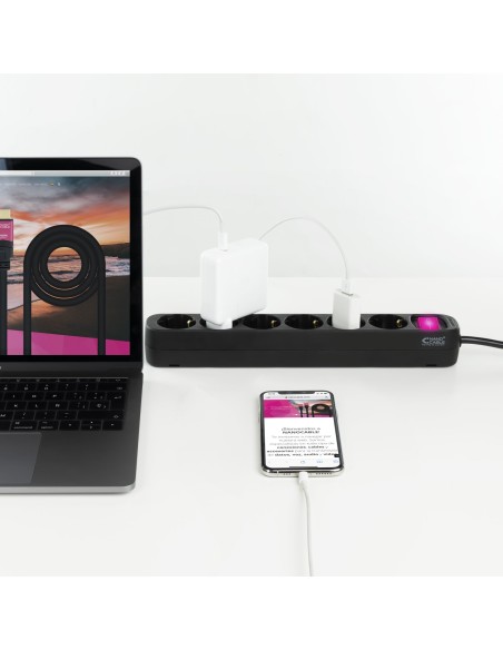 Nanocable Regleta de enchufes de 6 tomas con interruptor, 1.4 metros Negra