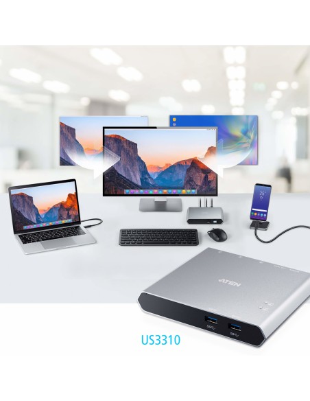 ATEN Docking switch de periféricos USB-C Gen1 de 2 puertos con power pass-through