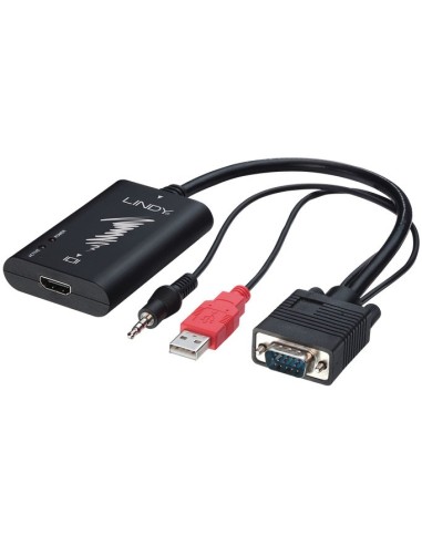 Lindy 38188 adaptador de cable de vídeo HDMI VGA (D-Sub) + 3.5mm + USB A Negro