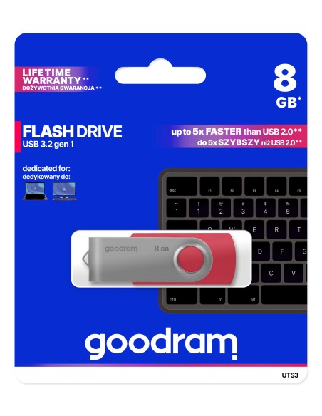 Goodram UTS3 unidad flash USB 8 GB USB tipo A 3.0 (3.1 Gen 1) Rojo, Plata