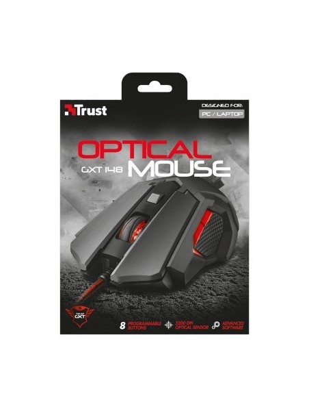 Trust GXT 148 ratón USB Óptico 3200 DPI Ambidextro Negro, Rojo