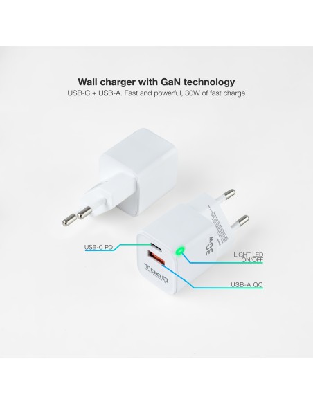 CARGADOR DOBLE USB-C + USB A TOOQ BLANCO