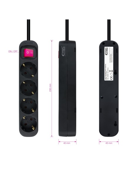 Nanocable Regleta de enchufes de 4 tomas con interruptor, 1.4 metros Negra