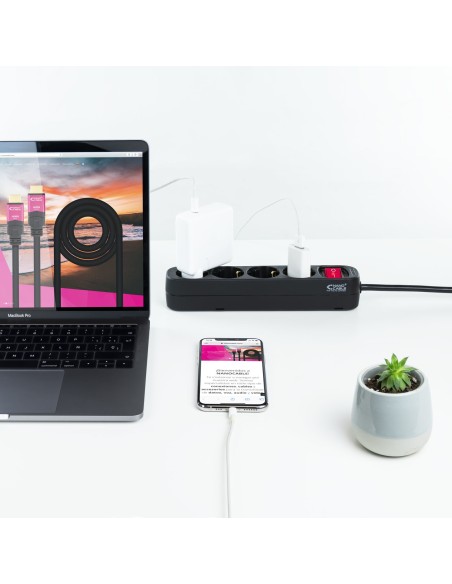 Nanocable Regleta de enchufes de 4 tomas con interruptor, 1.4 metros Negra