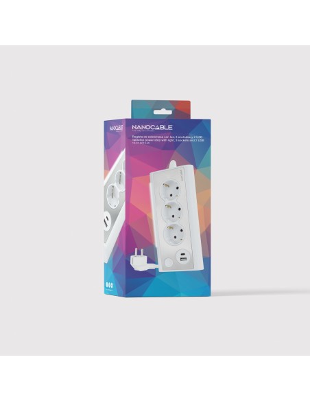 Nanocable Regleta de Sobremesa con 3 Tomas de Tierra y 2 USB´s con Luz, Blanco
