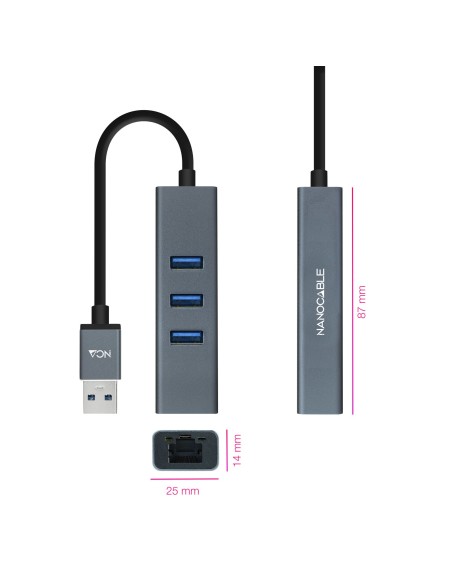 Nanocable Conversor USB 3.0 a Ethernet Gigabit + 3XUSB 3.0, Aluminio, Gris, 15 cm