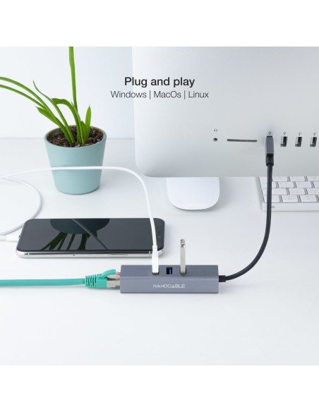 Nanocable Conversor USB 3.0 a Ethernet Gigabit + 3XUSB 3.0, Aluminio, Gris, 15 cm