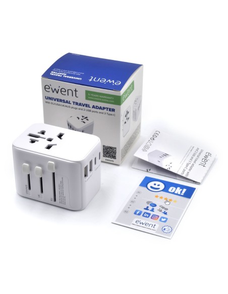 EWENT ADAPTADOR UNIVERSAL DE VIAJE+2USB Y 3USB-C