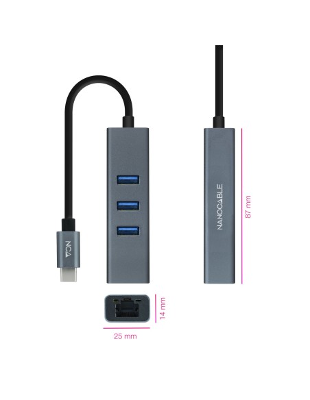Nanocable Conversor USB-C a Ethernet Gigabit + 3XUSB 3.0, Aluminio, Gris, 15 cm