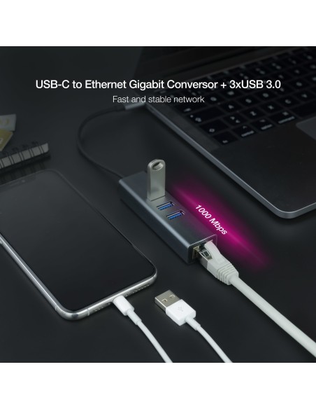 Nanocable Conversor USB-C a Ethernet Gigabit + 3XUSB 3.0, Aluminio, Gris, 15 cm