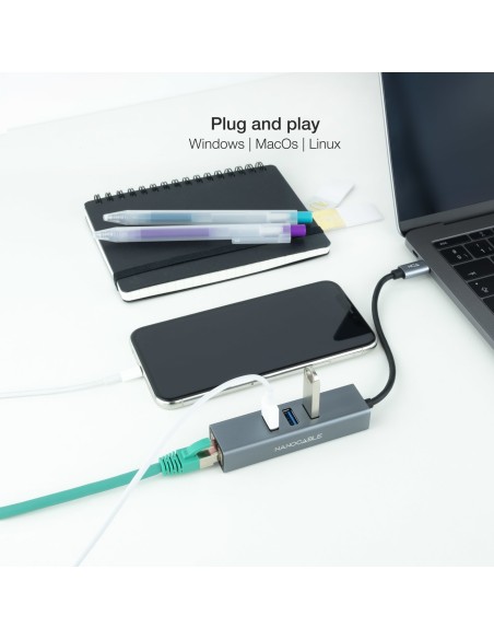 Nanocable Conversor USB-C a Ethernet Gigabit + 3XUSB 3.0, Aluminio, Gris, 15 cm