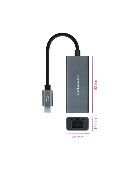 Nanocable Conversor USB-C a Ethernet Gigabit 10 100 1000 Mbps, Aluminio, Gris, 15 cm