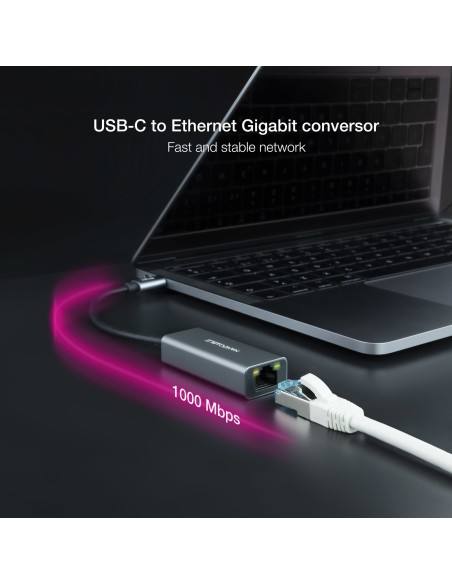 Nanocable Conversor USB-C a Ethernet Gigabit 10 100 1000 Mbps, Aluminio, Gris, 15 cm