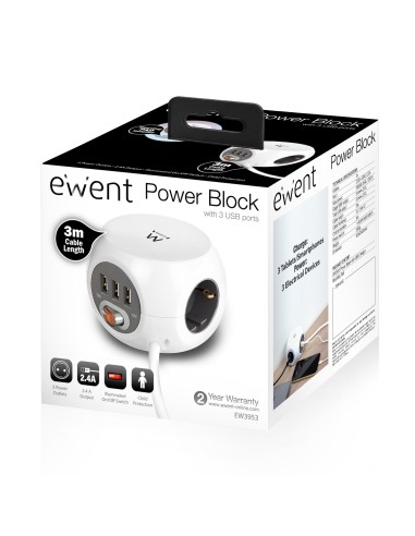 Ewent EW3953 base múltiple 3 m 3 salidas AC Interior Blanco