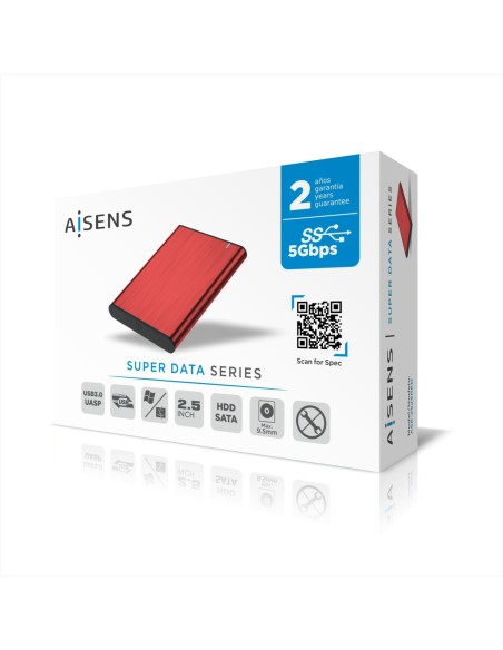 AISENS Caja Externa 2,5" ASE-2525RED 9.5mm SATA a USB 3.0 USB3.1 Gen1, Rojo