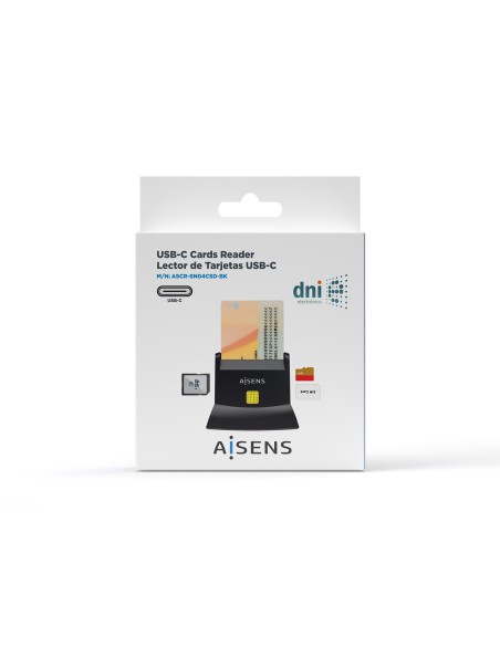 AISENS Lector De Tarjeta Dni Con Lector De Tarjetas SIM, SD, Micro SD, MMC, RS-MMC, MMC Micro, USB-C, Negro