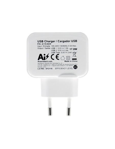 AISENS Cargador USB 17W 5V 3.4A, 2xUSB Con Control AI, Blanco