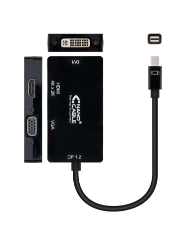 Nanocable Conversor Mini DisplayPort a VGA   HDMI, 3 en 1, DP 1.2 M-VGA H-HDMI H 4K, Negro, 15 cm