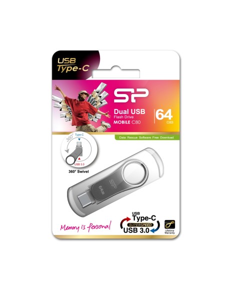 Silicon Power Mobile C80 unidad flash USB 64 GB USB Type-A   USB Type-C 3.2 Gen 1 (3.1 Gen 1) Titanio
