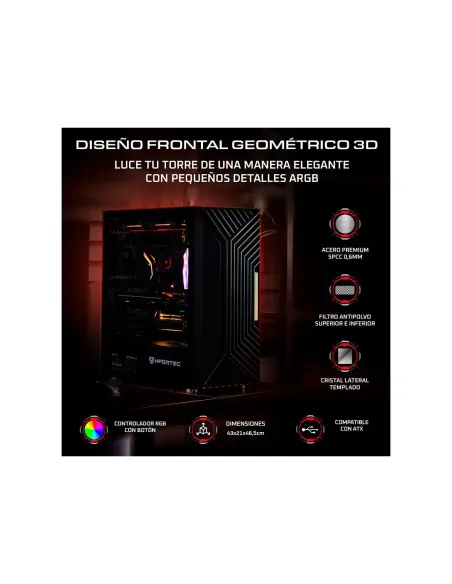 NFORTEC CAJA GAMING CRISTAL TEMPLADO NERVIA BLACK. USB 3.0 A-RGB. NEGRO