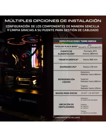 NFORTEC CAJA GAMING CRISTAL TEMPLADO NERVIA BLACK. USB 3.0 A-RGB. NEGRO