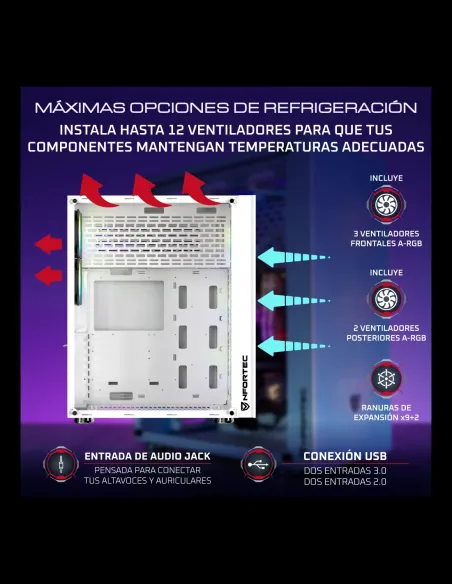 NFORTEC CAJA GAMING CRISTAL TEMPLADO AQUERONTE WHITE. USB 3.0 A-RGB. BLANCO